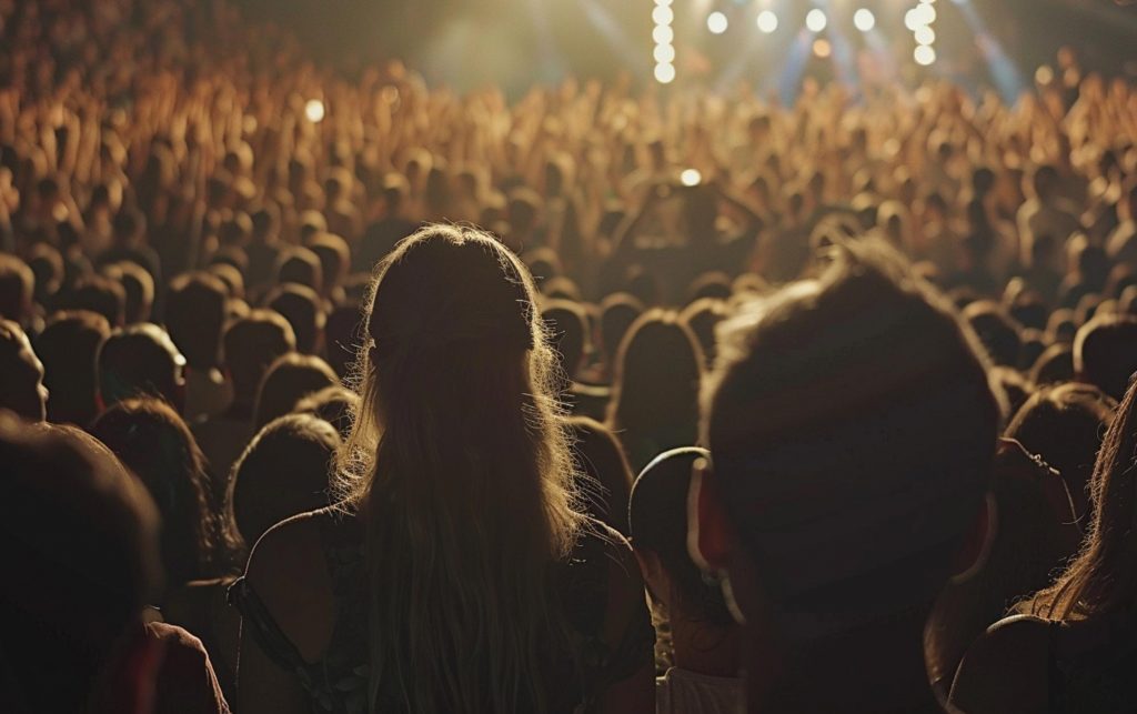 Crowd at a concert venue with visible security measures during ingress.